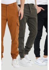 Damga Jeans Paçası Lastikli Kargo Cep Pantolon Taba-Haki-Siyah Rengi Çok Renkli M