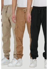 Damga Jeans Bel Ve Paçası Lastikli 3'Lü Pantolon Siyah- Camel- Taş Renkleri Çok Renkli L