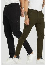 Damga Jeans 2'Li Kargo Cep Pantolon Siyah Ve Haki Renkleri Çok Renkli L