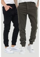 Damga Jeans 2'L Paçası Lastikli Kargo Cep Pantolon Siyah Ve Haki Renkleri Çok Renkli S