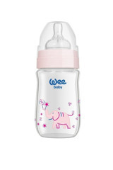 Wee Baby 140 Cam Yenidoğan Yavaş Akışlı Kulpsuz 0-6 Ay Desenli Pembe Yuvarlak Uçlu Bebek Biberon 180 ml