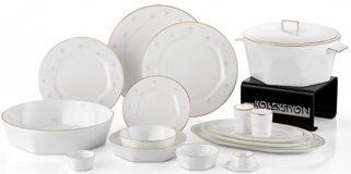 Koleksiyon Mislina Lotus Altın 122 Parça 12 Kişilik Desenli Bone China Yuvarlak Yemek Takımı