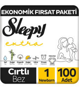 Sleepy Extra 1 Numara Organik Göbek Oyuntulu Cırtlı Bebek Bezi 100 Adet