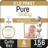 Pure Baby 4 Numara Organik Cırtlı Bebek Bezi 156 Adet