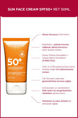 Clarins Sun Face Cream 50 Faktör Tüm Ciltler İçin Nemlendirici Suya Dayanıklı Yüz Güneş Kremi 50 ml