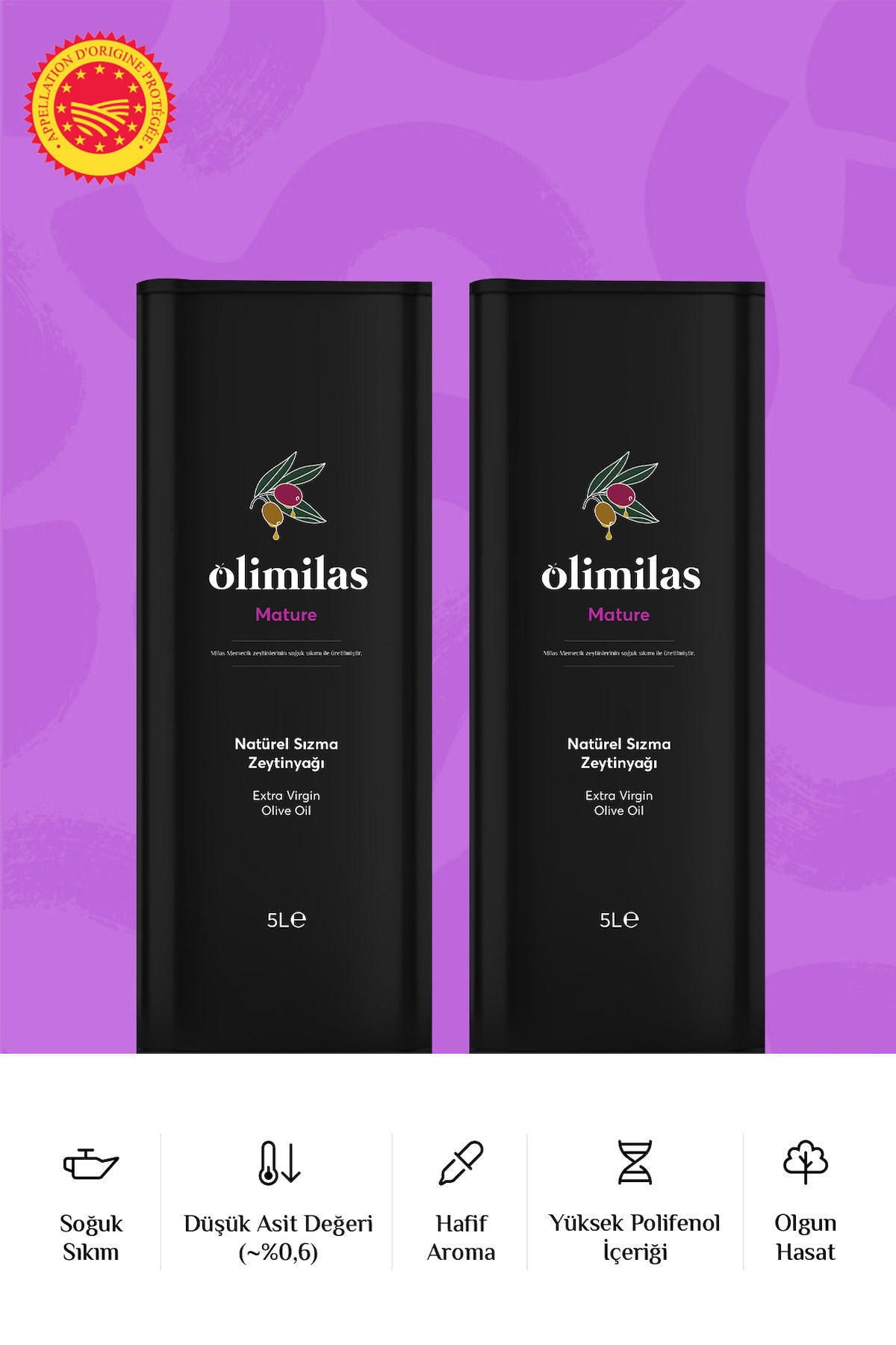 Olimilas Mature Soğuk Sıkım Polifenolsüz Teneke Sızma Zeytinyağı 2x5 lt