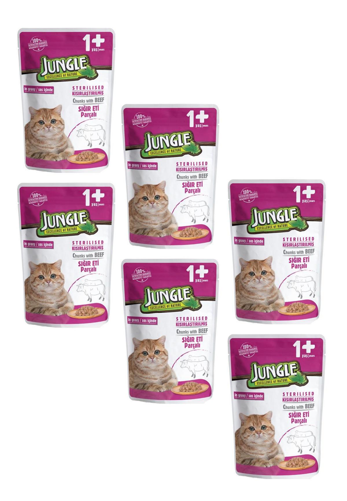 Jungle Pouch Kısırlaştırılmış Biftek Soslu Yetişkin Yaş Kedi Maması 6x100 gr