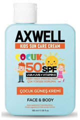 Axwell Sun Cream 50 Faktör Tüm Ciltler İçin Leke Karşıtı Nemlendirici Yağsız Suya Dayanıklı Yüz ve Vücut Güneş Kremi 100 ml