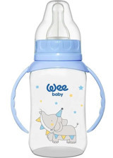 Wee Baby Polipropilen Yavaş Akışlı Kulplu Desenli Mavi Yuvarlak Uçlu Biberon 150 ml