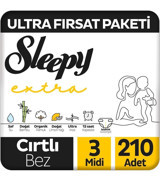 Sleepy Extra 3 Numara Organik Cırtlı Bebek Bezi 210 Adet