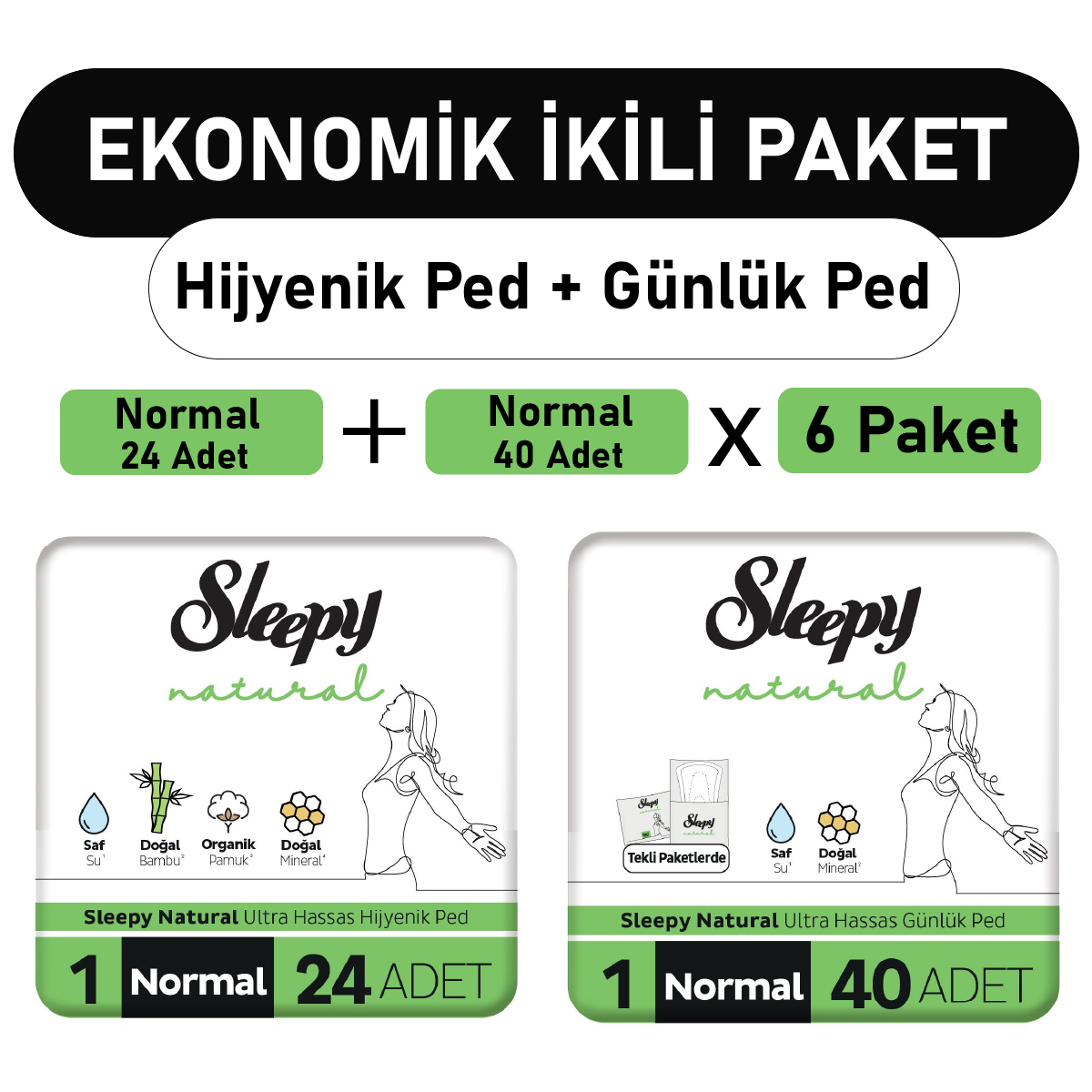 Sleepy Natural Organik Antialerjik İnce 24'lü+40'lı Hijyenik Ped 6 Adet