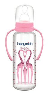 Hanymish No:1 Cam Yavaş Akışlı Kulplu 0-6 Ay Desenli Pembe Biberon 240 ml