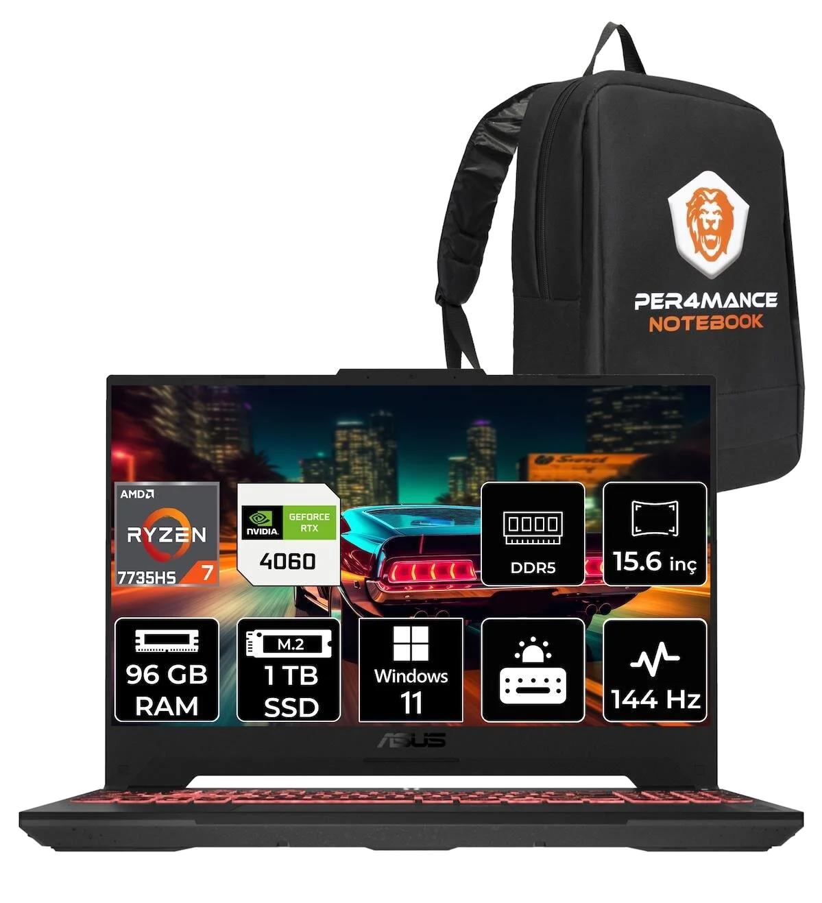 Asus TUF Gaming A15 LP038 Harici GeForce RTX 4060 AMD Ryzen 7 7735HS 96 GB Ram 1 TB SSD 15.6 inç Full HD Windows 11 Pro Oyuncu Laptop + PER4 Çanta