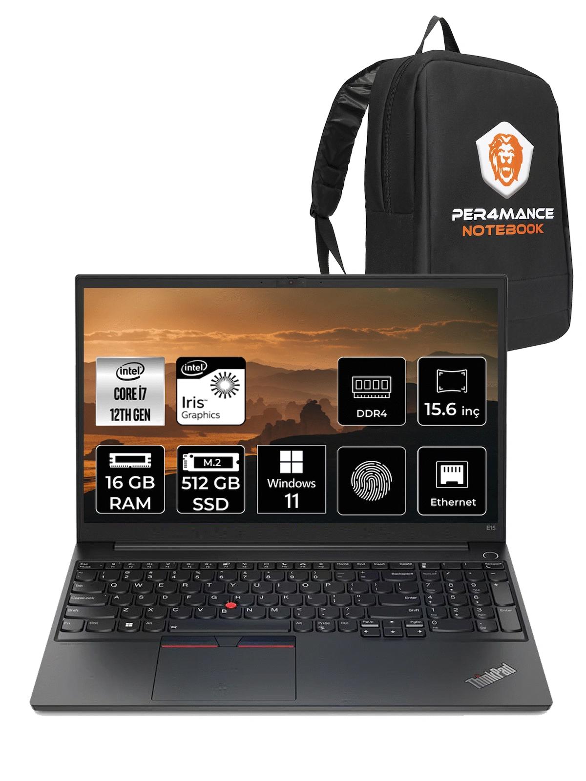 Lenovo E15 21E6006YTX Dahili Intel Iris Xe Graphics Eligible Intel Core i7 1255U 16 GB Ram 512 GB SSD 15.6 inç Full HD Windows 11 Pro Laptop + PER4 Çanta