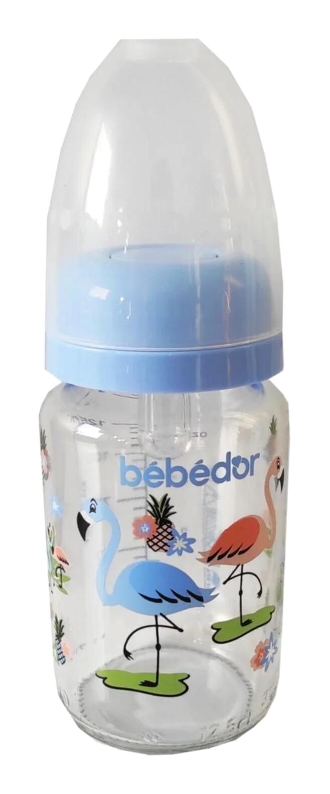 Bebedor 30302 Cam Yavaş Akışlı 3+ Ay Desenli Mavi Damaklı Biberon Seti 125 ml