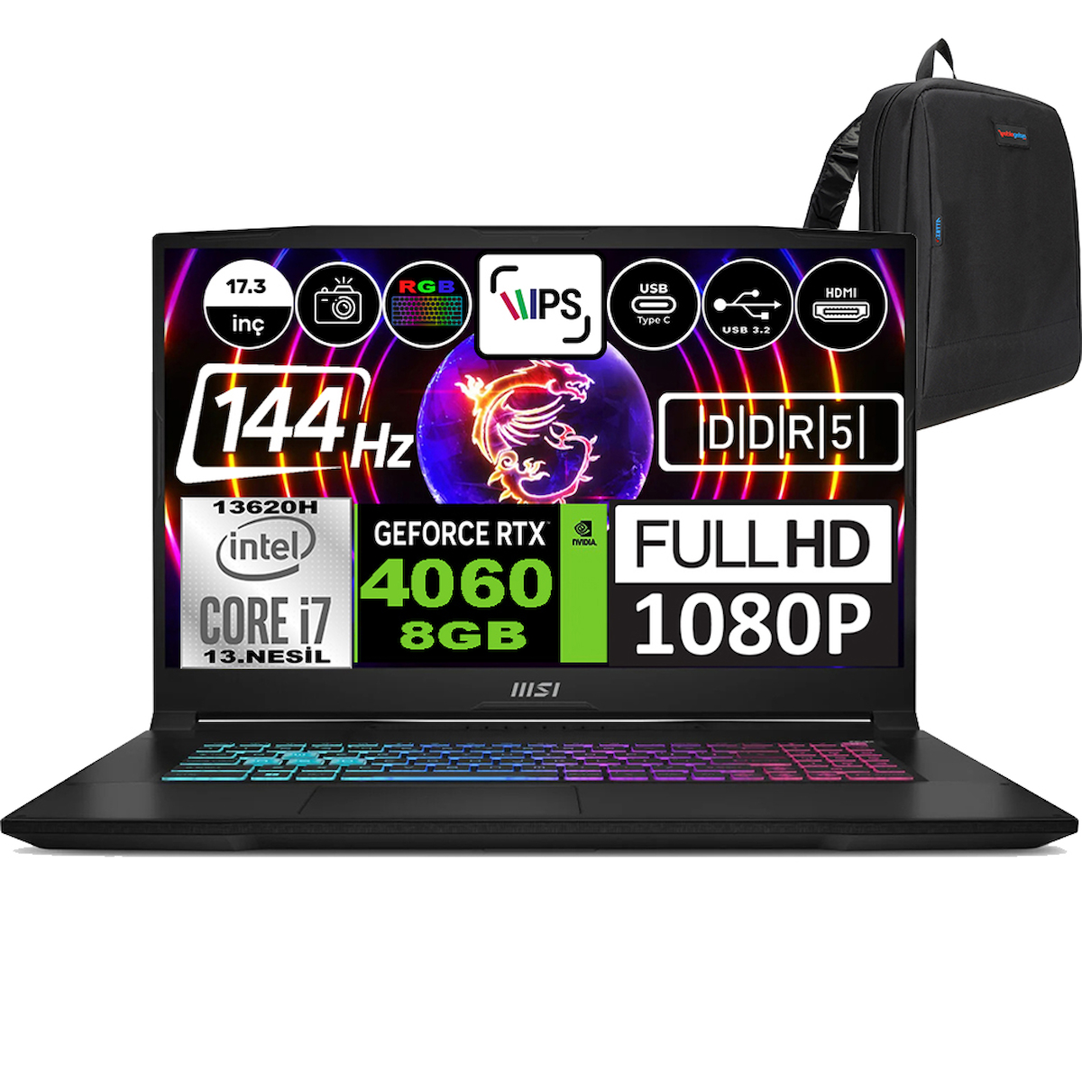 MSI Katana 17 B13VFK1037XTRWF07 Harici GeForce RTX 4060 Intel Core i7 13620H 32 GB Ram 2 + 2 TB SSD 17.3 inç Full HD FreeDos Oyuncu Laptop + Zetta Çanta