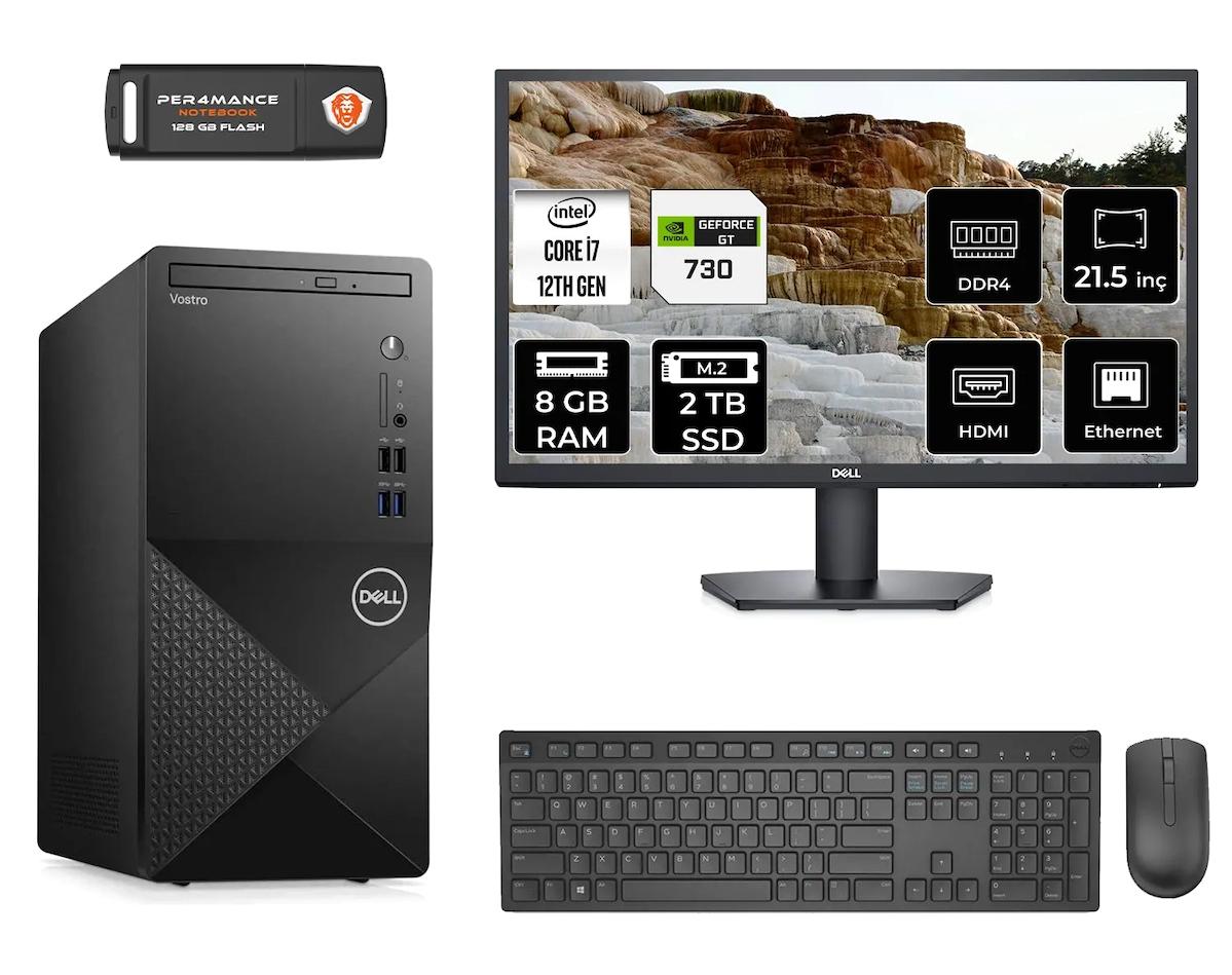 Dell Vostro 3910 MN753910D304 Harici GeForce GT 730 Intel Core i7 12700 8 GB Ram 2 TB SSD Tower FreeDos 21.5 inç Monitörlü Masaüstü Oyuncu Bilgisayarı