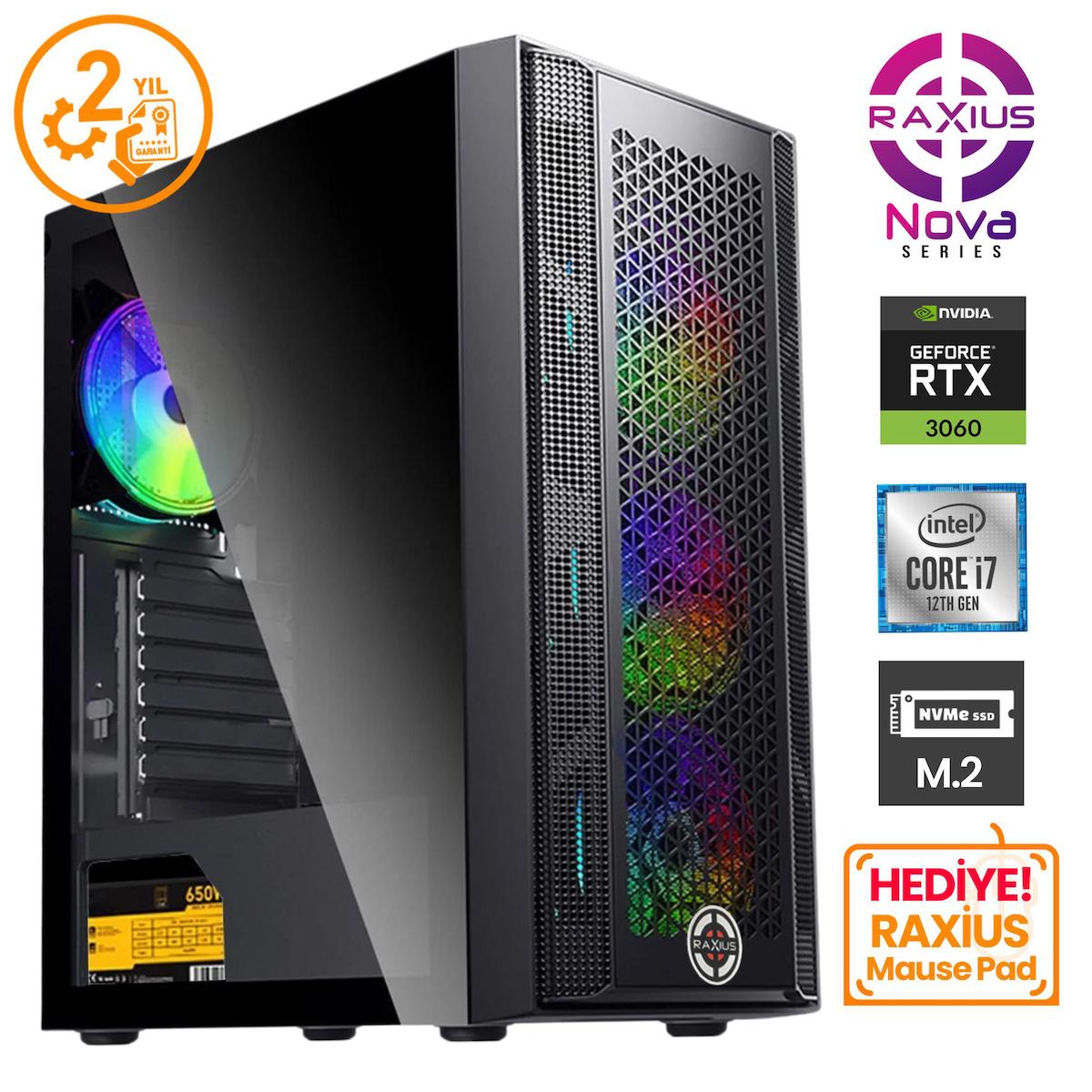 Raxius Nova G1 Harici GeForce RTX 3060 Intel Core i7 12700F 16 GB Ram 1 TB SSD Tower FreeDos Masaüstü Oyuncu Bilgisayarı