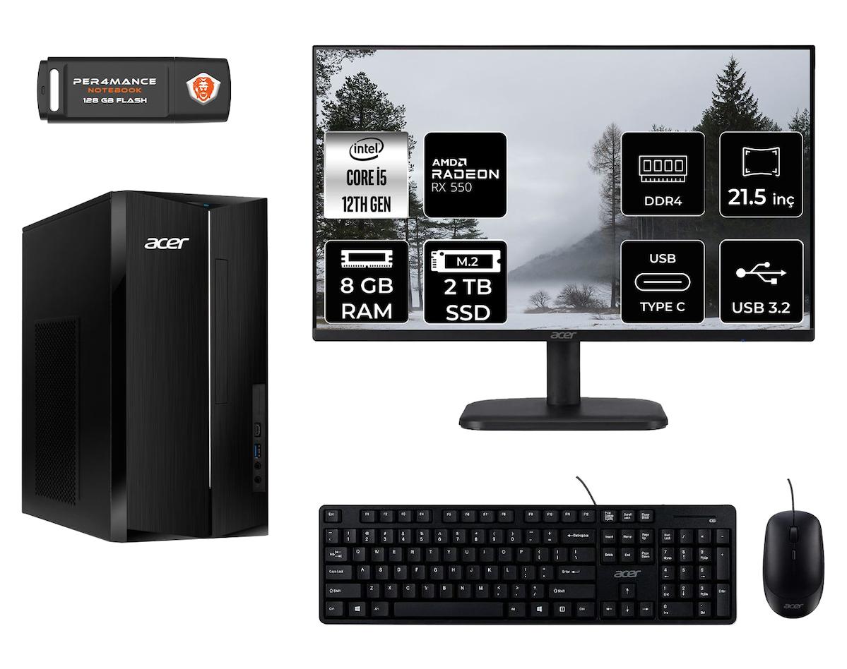 Acer Aspire TC1760 MDT005D154 Harici Radeon RX 550 Intel Core i5 12400 8 GB Ram 2 TB SSD Tower FreeDos 21.5 inç Monitörlü Masaüstü Oyuncu Bilgisayarı