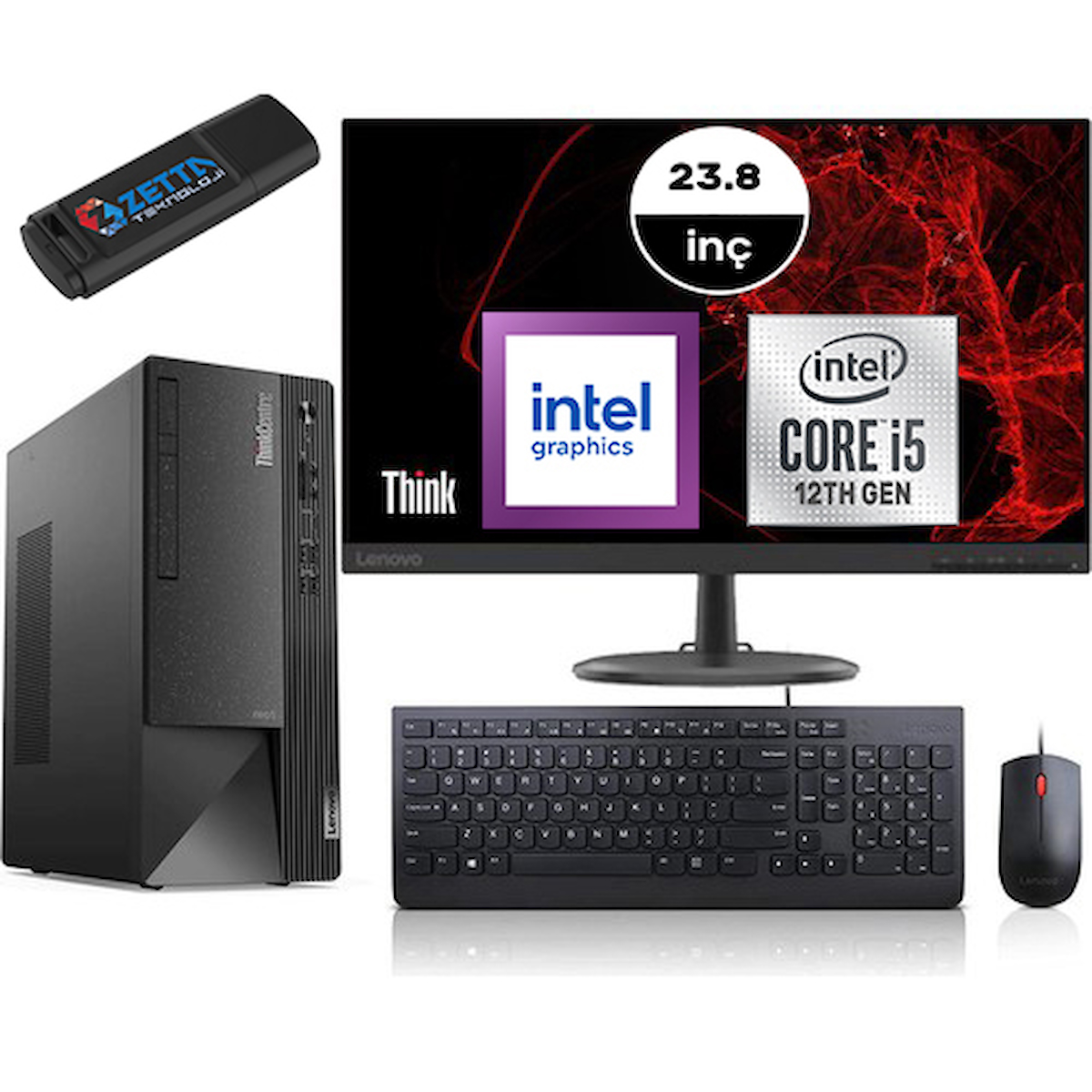 Lenovo Thinkcentre Neo 50T Gen 4 12JB005DTRM05 Dahili Intel UHD Graphics 730 Intel Core i5 12400 8 GB Ram 4 TB SSD Tower FreeDos 23.8 inç Monitörlü Masaüstü Bilgisayar + Zetta Flash Bellek