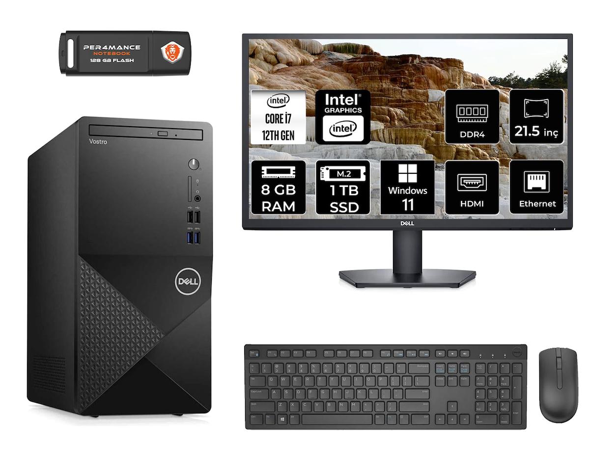 Dell Vostro 3910 MN75983910D053 Dahili Intel UHD Graphics 770 Intel Core i7 12700 8 GB Ram 1 TB SSD Tower Windows 11 Home 21.5 inç Monitörlü Masaüstü Bilgisayar