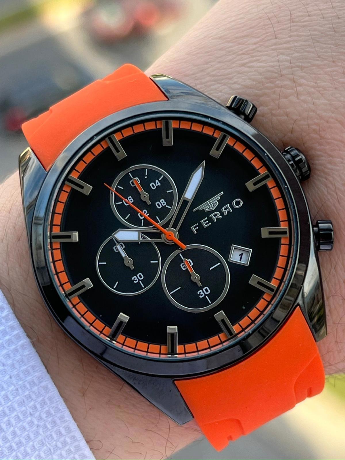 Ferro EF31324-ZL Su Geçirmez Takvimli 44 mm Turuncu Silikon Kordon Analog Erkek Kol Saati