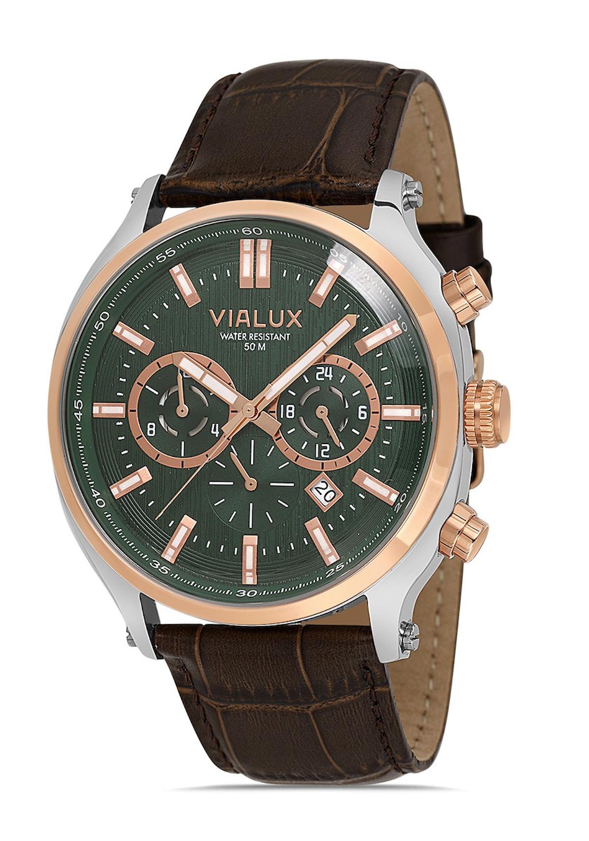 Vialux VX537T-15KR Takvimli 44.5 mm Kahverengi Deri Kordon Analog Erkek Kol Saati