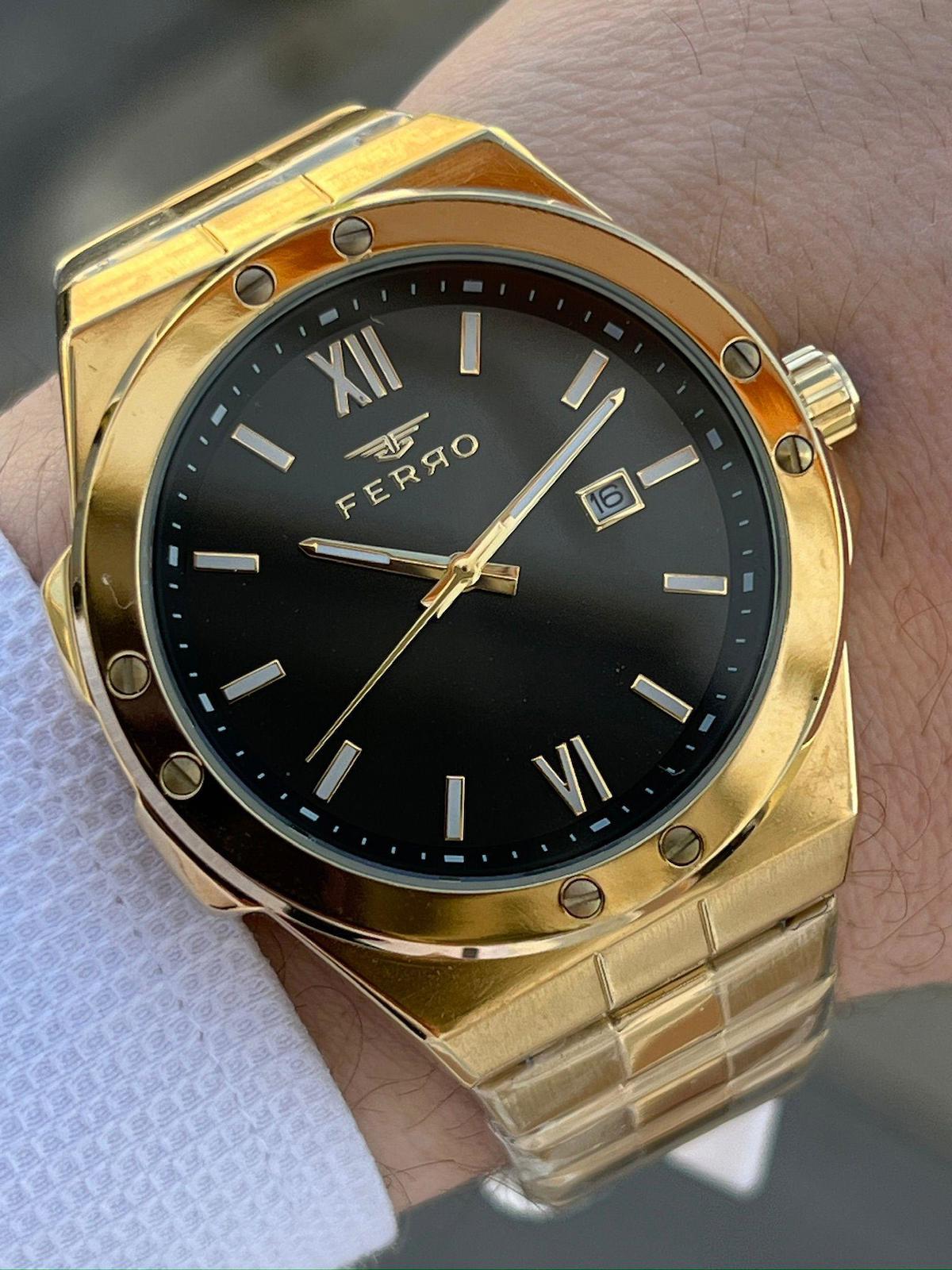 Ferro EFM11357-B Su Geçirmez Takvimli 44 mm Altın Çelik Kordon Analog Erkek Kol Saati