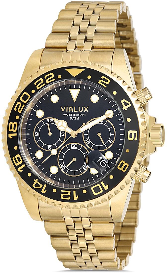 Vialux VX571T-04SG Takvimli 44 mm Altın Çelik Kordon Analog Kol Saati