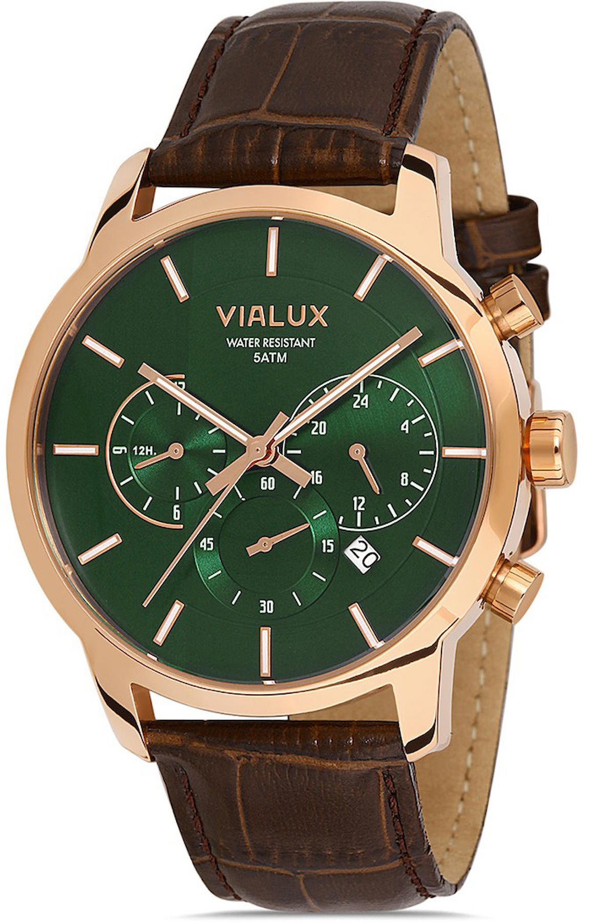 Vialux VX555R-15KR Takvimli 44 mm Kahverengi Deri Kordon Analog Kol Saati