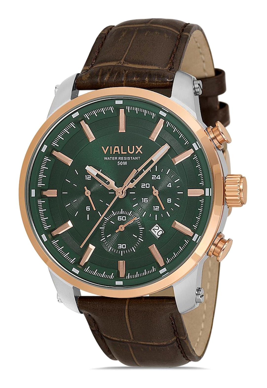 Vialux VX529T-15KR Takvimli 45 mm Kahverengi Deri Kordon Analog Erkek Kol Saati