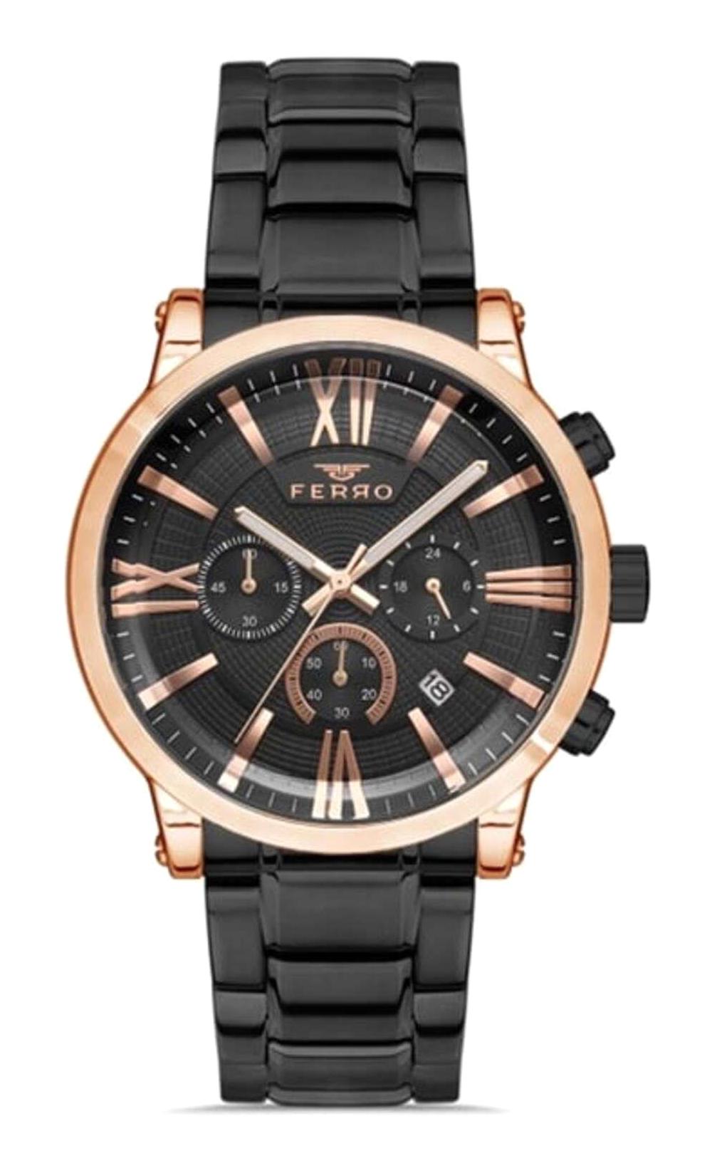 Ferro FM3695AWT-R Takvimli 43 mm Siyah Çelik Kordon Analog Erkek Kol Saati