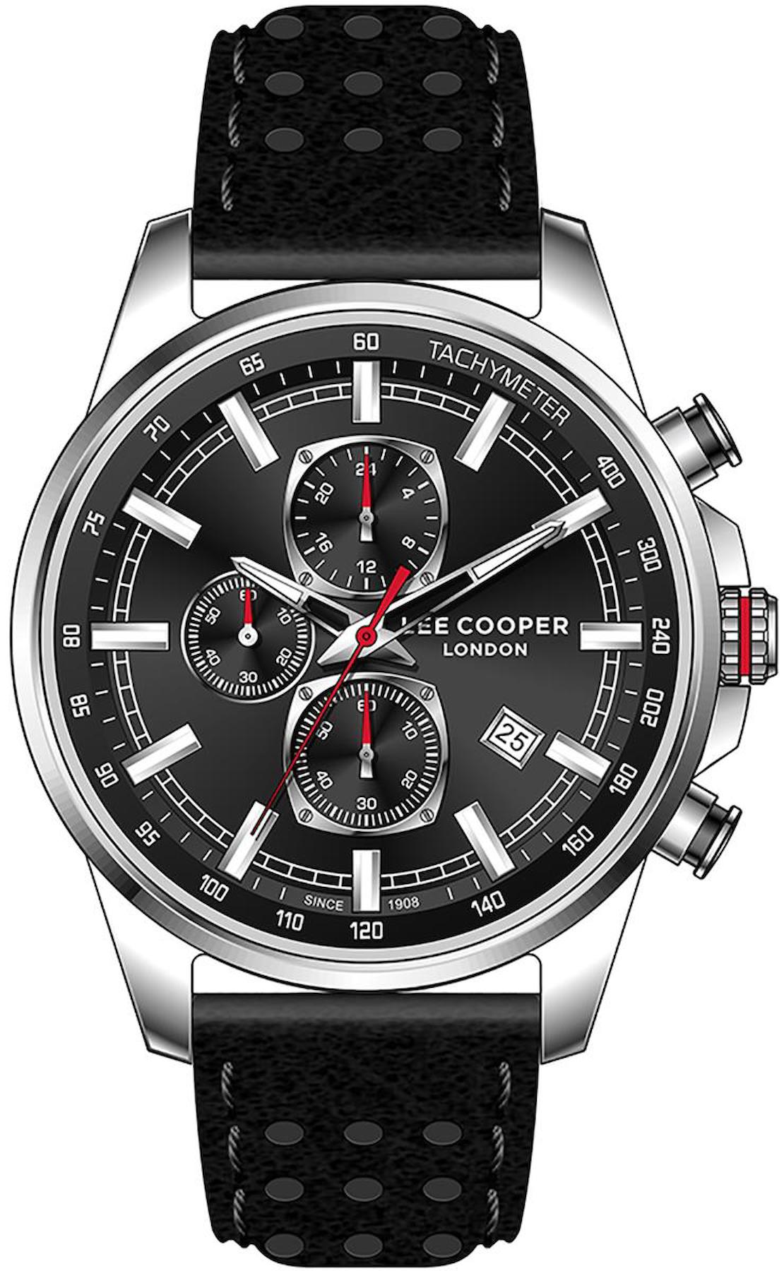 Lee Cooper LC07647.351 Takvimli 45 mm Siyah Deri Kordon Analog Erkek Kol Saati