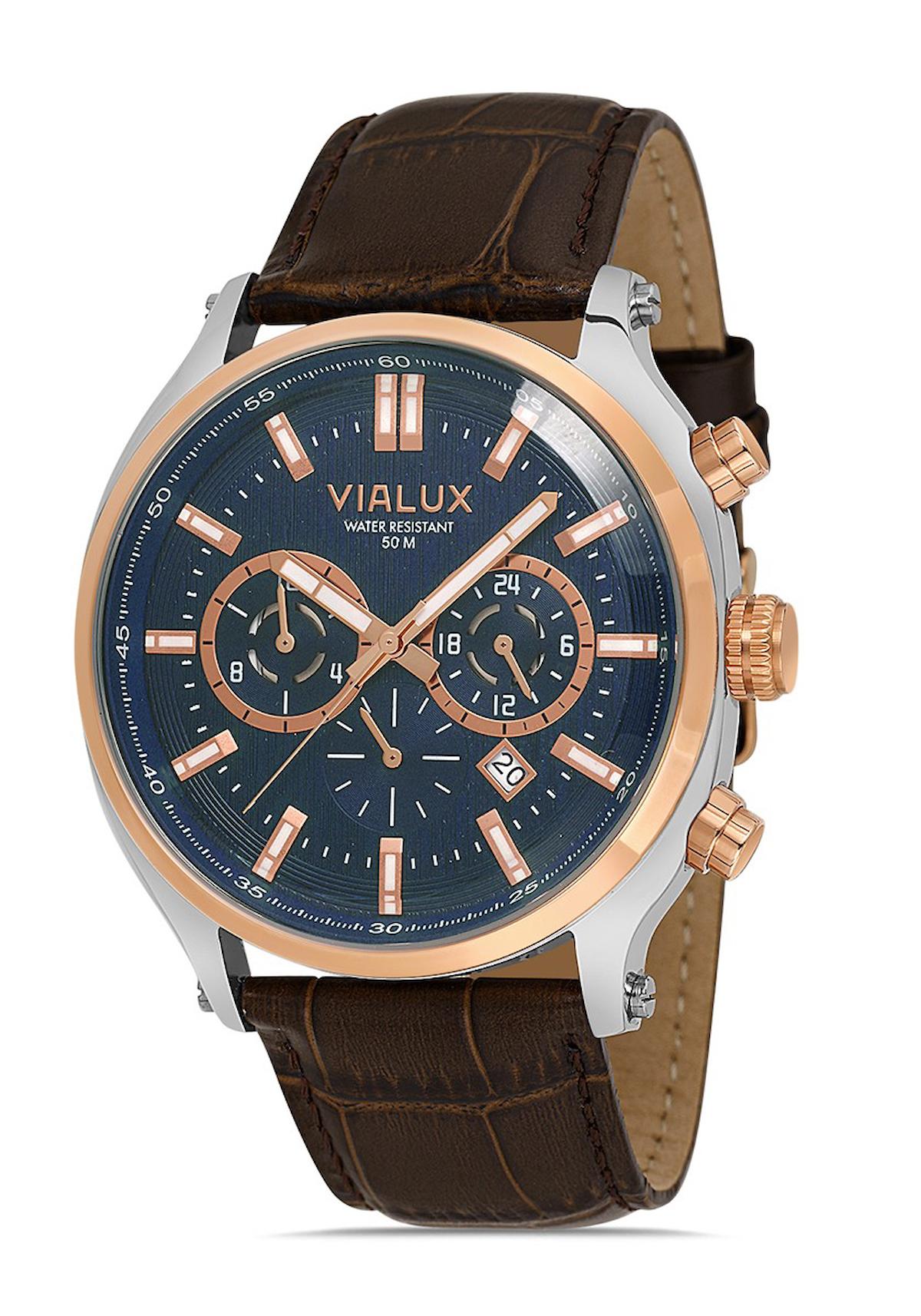 Vialux VX537T-11KR Takvimli 44.5 mm Kahverengi Deri Kordon Analog Erkek Kol Saati