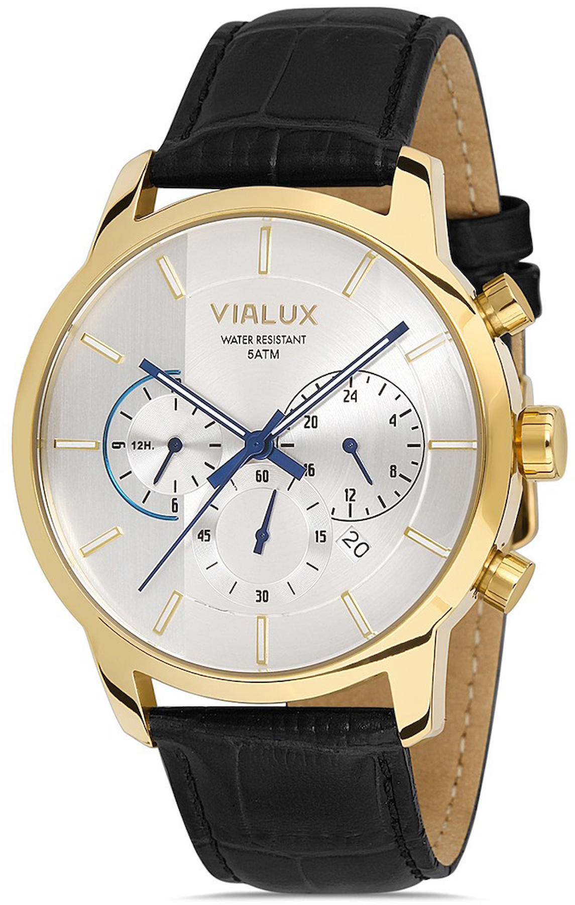 Vialux VX555G-02BG Takvimli 44 mm Siyah Deri Kordon Analog Kol Saati