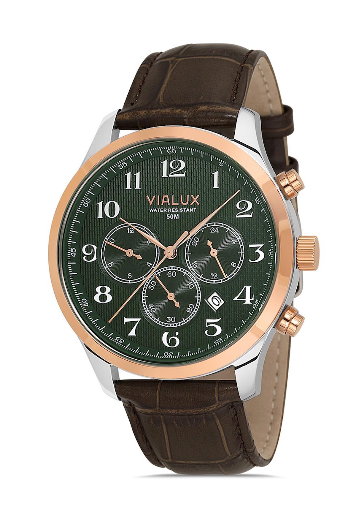 Vialux VX569T-15KR Takvimli 44 mm Kahverengi Deri Kordon Analog Erkek Kol Saati