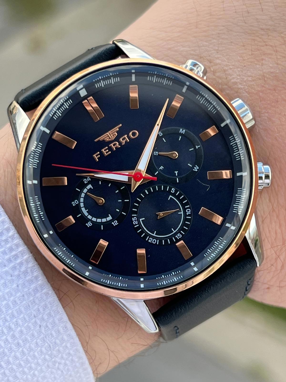 Ferro EFM11084-3 Pusulalı Takvimli 44 mm Siyah Deri Kordon Analog Erkek Kol Saati