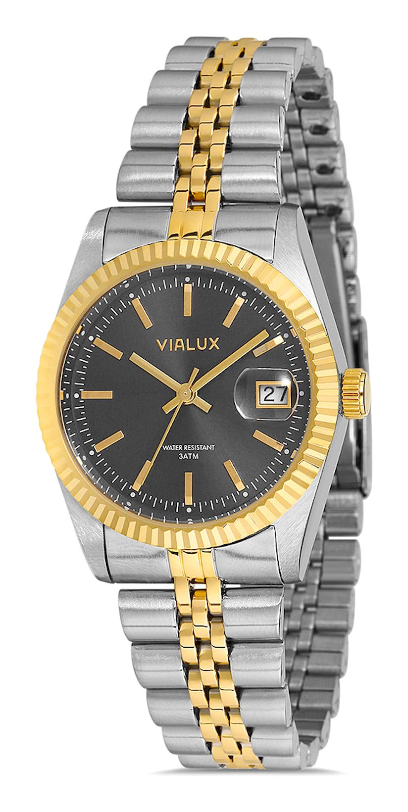 Vialux LJ534T-05SG Takvimli 40 mm Altın-Gri Çelik Kordon Analog Kadın Kol Saati