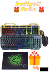 Razer Klavye Mouse Set + Mause Pad Hediyeli Işıklı Sessiz Altın Kablolu Klavye Mouse Seti