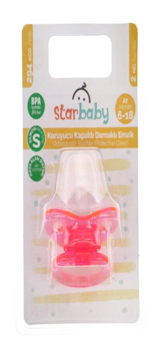 Star Baby Koruyucu Kapaklı 6-18 Ay Delikli Ortodontik Damaklı Silikon Emzik Pembe