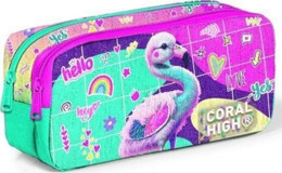 Coral High Pembe-Su Yeşili Desenli Pvc Bölmeli Çift Gözlü Flamingo Dikdörtgen Cüzdan Kalem Kutusu