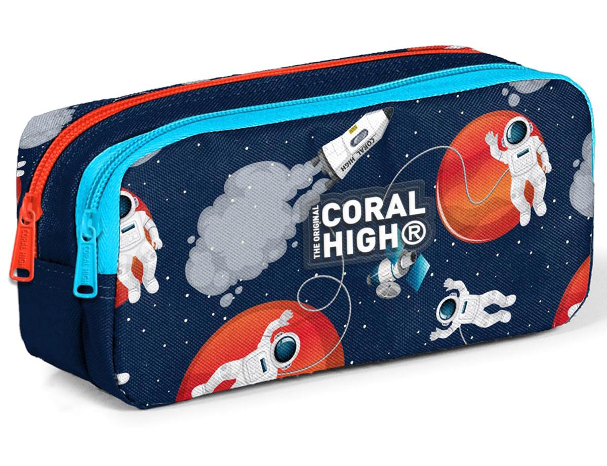 Coral High 12093 Lacivert-Mavi Desenli Bez Bölmeli Katlanabilir 2 Gözlü Astronot Dikdörtgen Cüzdan Kalemlik