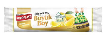 Koroplast Limon Kokulu Şeffaf Büzgülü Büyük Boy 65x70 cm Çöp Poşeti 10 Adet Sarı