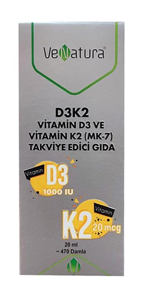 Venatura D3K2 Vitamin D3 Ve Menaquinon 7 Aromasız Sıvı Yetişkin Vitamin 20 ml