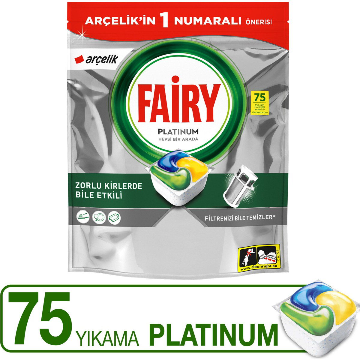 Fairy Platinum Yağlı Filtre İçin Limon Tablet Bulaşık Makinesi Deterjanı 75 Adet