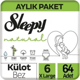 Sleepy Natural Aylık Paket 6 Numara Organik Külot Bebek Bezi 64 Adet