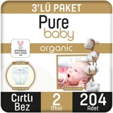 Pure Baby Pamuklu 2 Numara Organik Cırtlı Bebek Bezi 204 Adet