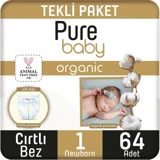Pure Baby Pamuklu 1 Numara Organik Cırtlı Bebek Bezi 64 Adet