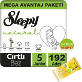 Sleepy Natural 5 Numara Organik Cırtlı Bebek Bezi 192 Adet + Islak Mendil