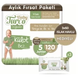 Baby Turco Doğadan 5 Numara Külot Bebek Bezi 120 Adet + Doğadan Islak Havlu 3x60